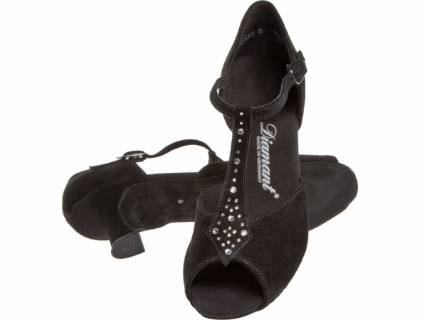 Diamant 010 064 101 Mod. 010 ladies dance shoes width F regular width Latino heel 5 cm black suede t-bar with rhinestones