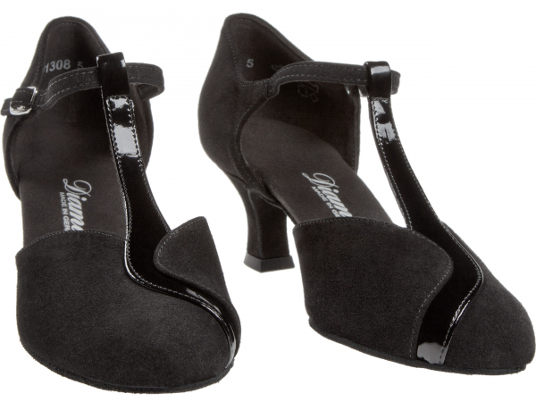 Diamant 068-069-008 Mod. 068 dames dansschoenen breedte G voor sterke voeten Latino hak 5 cm zwart suède / zwart lak - Afbeelding 4